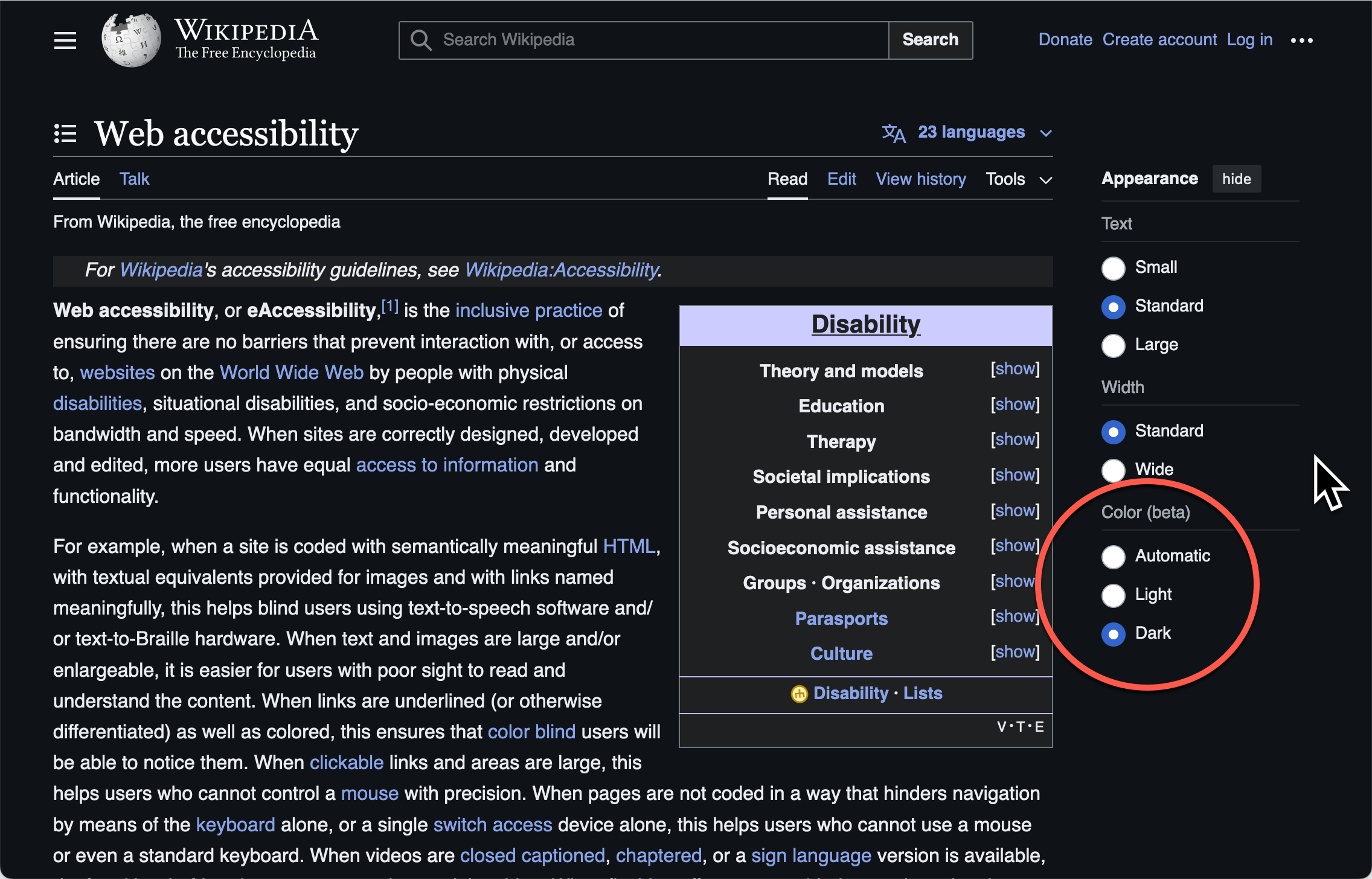 Screen shot of wikipedia page with user preferences sidebar open.  The red circle shows the users settings radio button for dark settings checked.