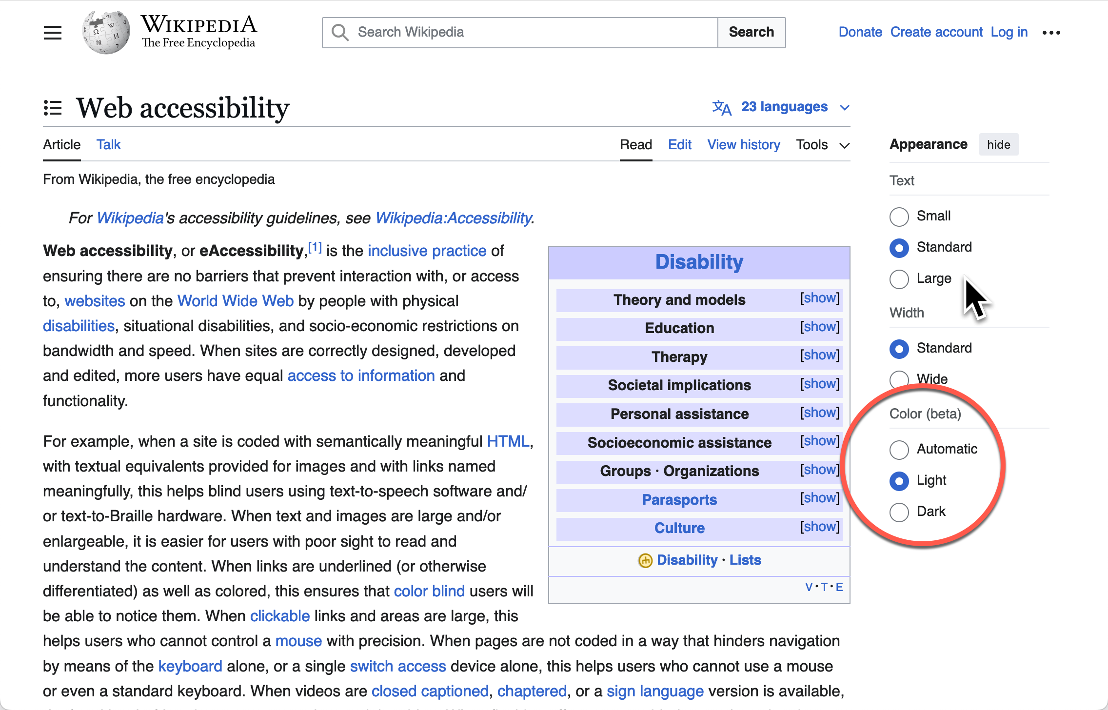 Screen shot of wikipedia page with user preferences sidebar open.  The red circle shows the users settings radio button for light settings checked.